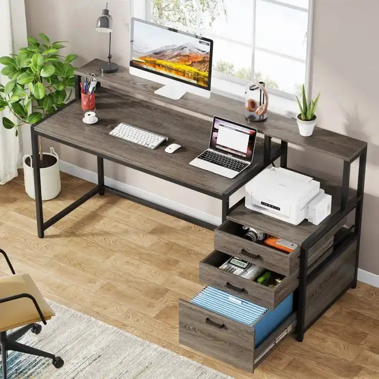 Scrivania per computer da 63" con supporto per monitor, scrivanie ergonomiche da ufficio con cassetti e schedario