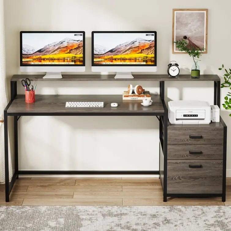 Scrivania per computer da 63" con supporto per monitor, scrivanie ergonomiche da ufficio con cassetti e schedario