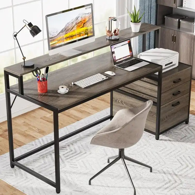 Scrivania per computer da 63" con supporto per monitor, scrivanie ergonomiche da ufficio con cassetti e schedario