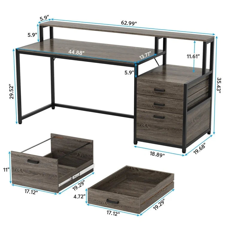 Scrivania per computer da 63" con supporto per monitor, scrivanie ergonomiche da ufficio con cassetti e schedario