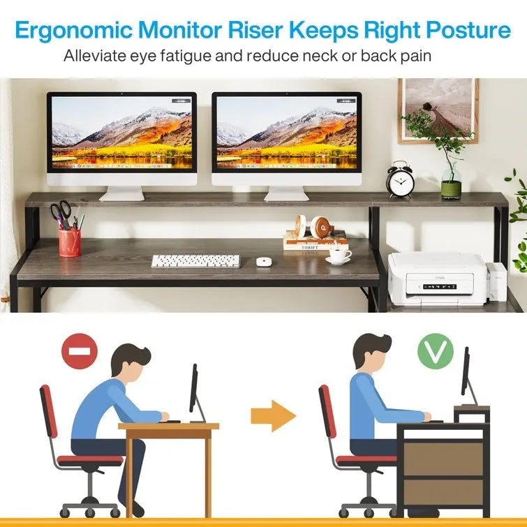 Scrivania per computer da 63" con supporto per monitor, scrivanie ergonomiche da ufficio con cassetti e schedario