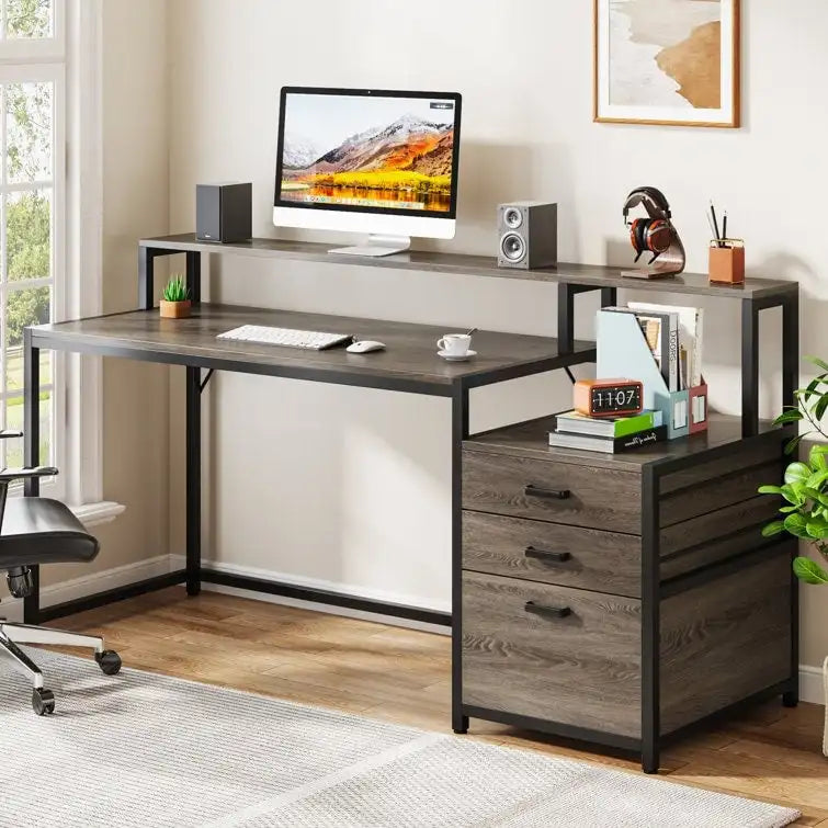 Scrivania per computer da 63" con supporto per monitor, scrivanie ergonomiche da ufficio con cassetti e schedario