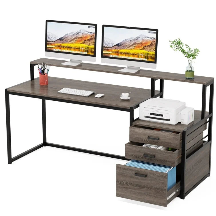 Scrivania per computer da 63" con supporto per monitor, scrivanie ergonomiche da ufficio con cassetti e schedario