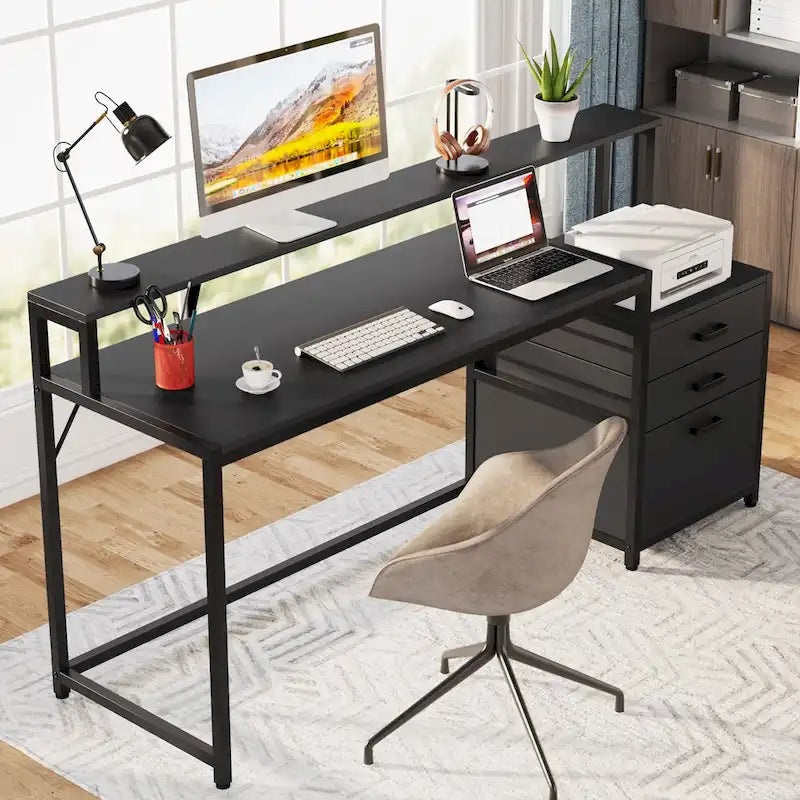 Scrivania per computer da 63" con supporto per monitor, scrivanie ergonomiche da ufficio con cassetti e schedario