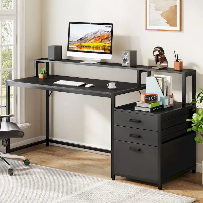 Scrivania per computer da 63" con supporto per monitor, scrivanie ergonomiche da ufficio con cassetti e schedario