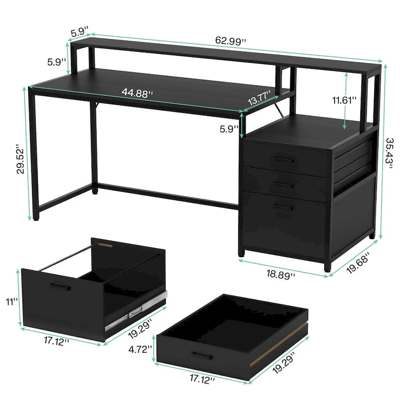 Scrivania per computer da 63" con supporto per monitor, scrivanie ergonomiche da ufficio con cassetti e schedario