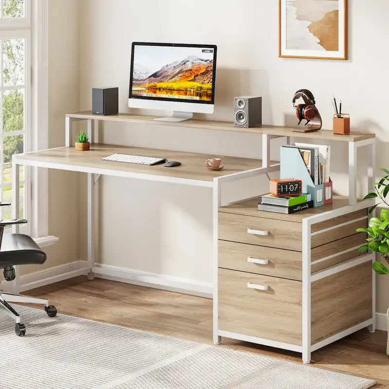 Scrivania per computer da 63" con supporto per monitor, scrivanie ergonomiche da ufficio con cassetti e schedario