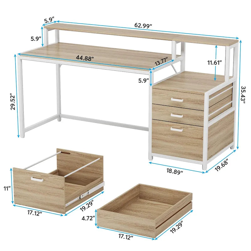 Scrivania per computer da 63" con supporto per monitor, scrivanie ergonomiche da ufficio con cassetti e schedario