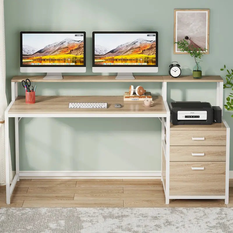 Scrivania per computer da 63" con supporto per monitor, scrivanie ergonomiche da ufficio con cassetti e schedario