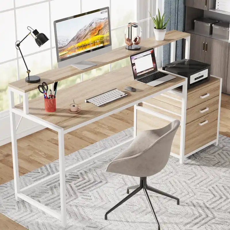 Scrivania per computer da 63" con supporto per monitor, scrivanie ergonomiche da ufficio con cassetti e schedario