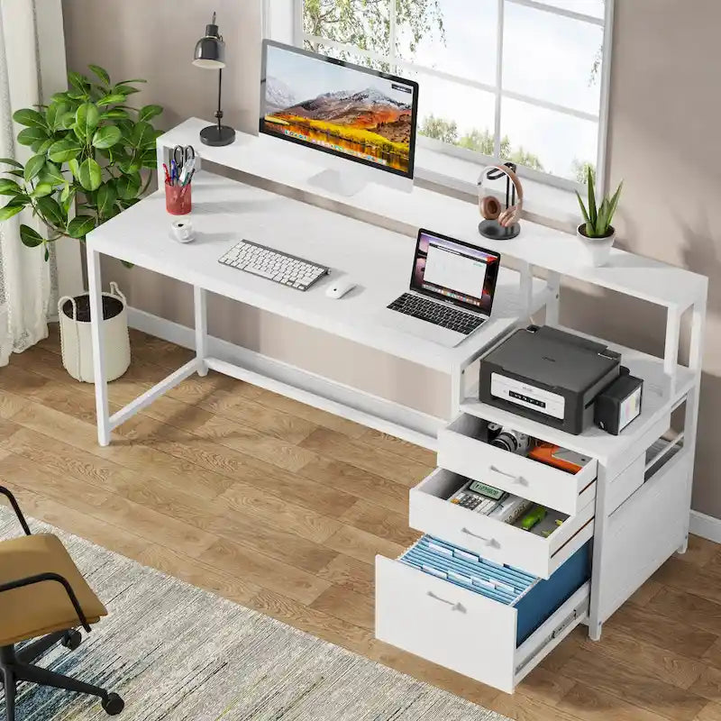 Scrivania per computer da 63" con supporto per monitor, scrivanie ergonomiche da ufficio con cassetti e schedario