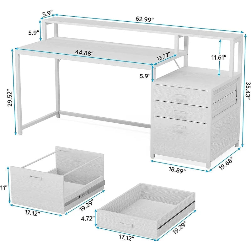 Scrivania per computer da 63" con supporto per monitor, scrivanie ergonomiche da ufficio con cassetti e schedario