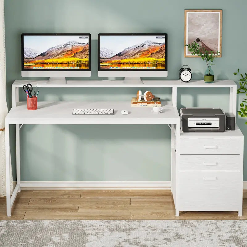 Scrivania per computer da 63" con supporto per monitor, scrivanie ergonomiche da ufficio con cassetti e schedario