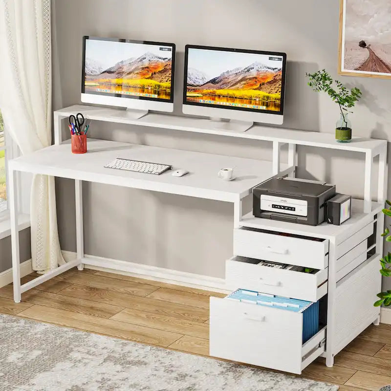 Scrivania per computer da 63" con supporto per monitor, scrivanie ergonomiche da ufficio con cassetti e schedario