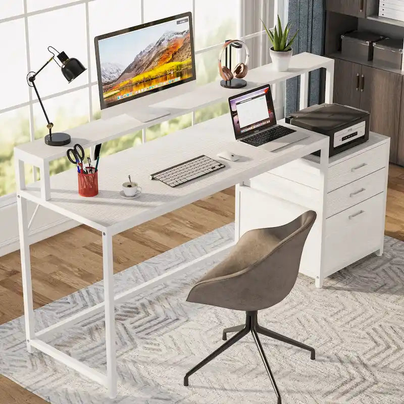 Scrivania per computer da 63" con supporto per monitor, scrivanie ergonomiche da ufficio con cassetti e schedario