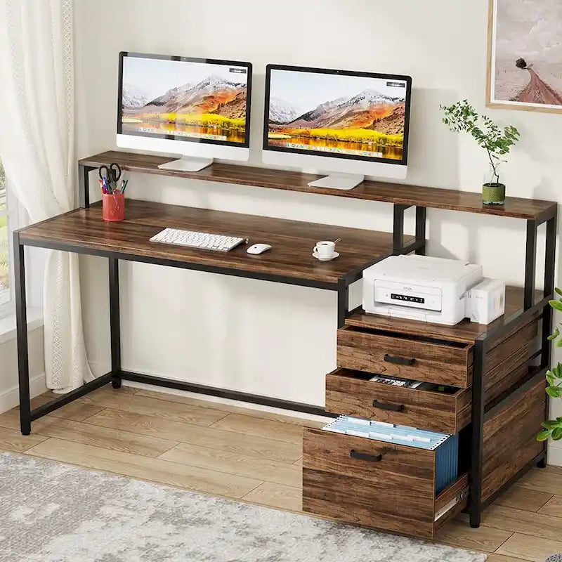 Scrivania per computer da 63" con supporto per monitor, scrivanie ergonomiche da ufficio con cassetti e schedario