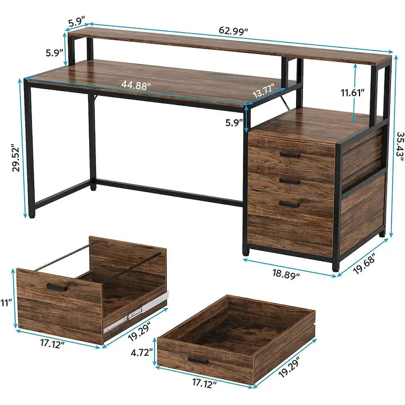 Scrivania per computer da 63" con supporto per monitor, scrivanie ergonomiche da ufficio con cassetti e schedario
