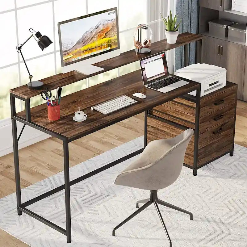 Scrivania per computer da 63" con supporto per monitor, scrivanie ergonomiche da ufficio con cassetti e schedario