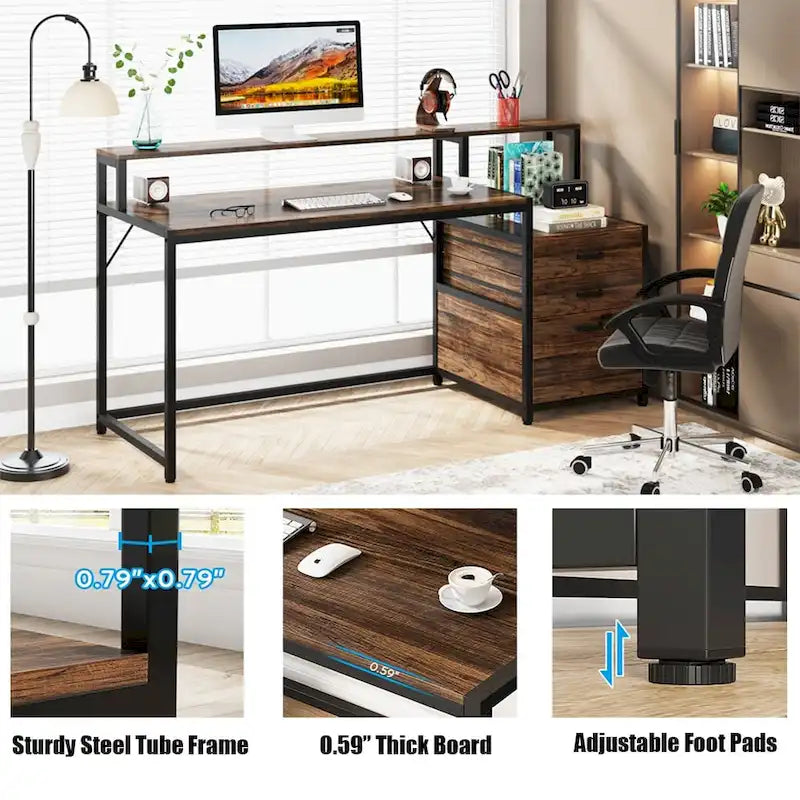 Scrivania per computer da 63" con supporto per monitor, scrivanie ergonomiche da ufficio con cassetti e schedario
