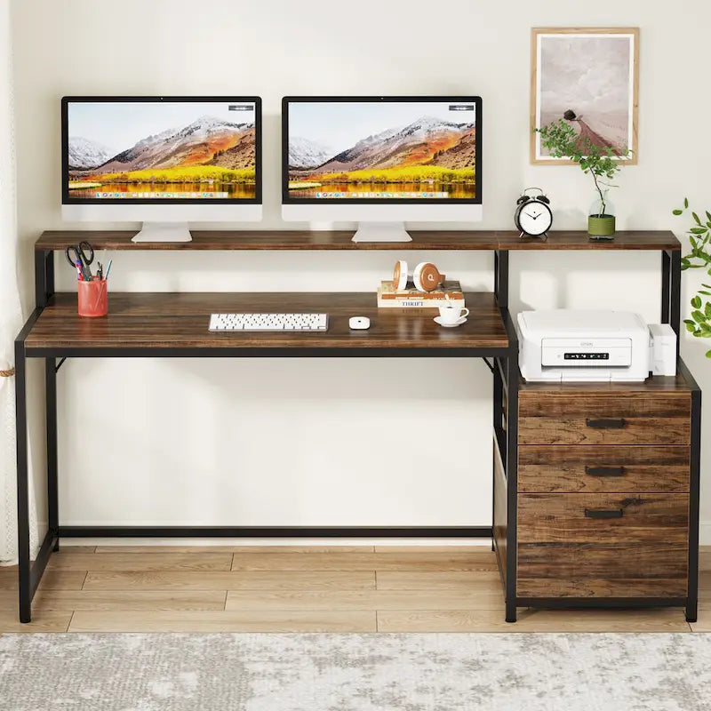 Scrivania per computer da 63" con supporto per monitor, scrivanie ergonomiche da ufficio con cassetti e schedario