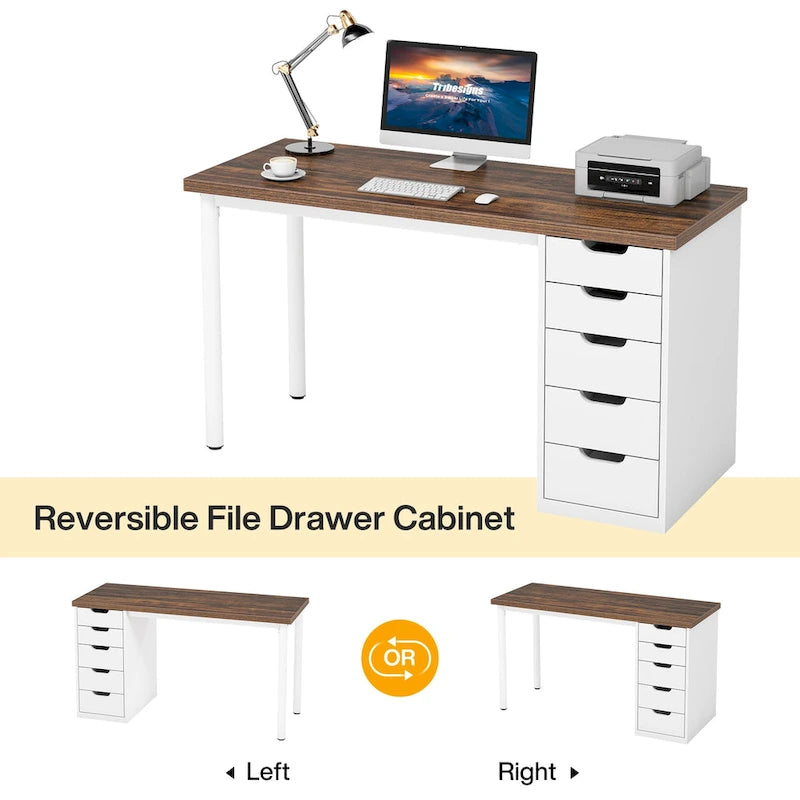 Scrivania da computer da 47 pollici con 5 cassetti, scrivania in legno e metallo per studio e soggiorno