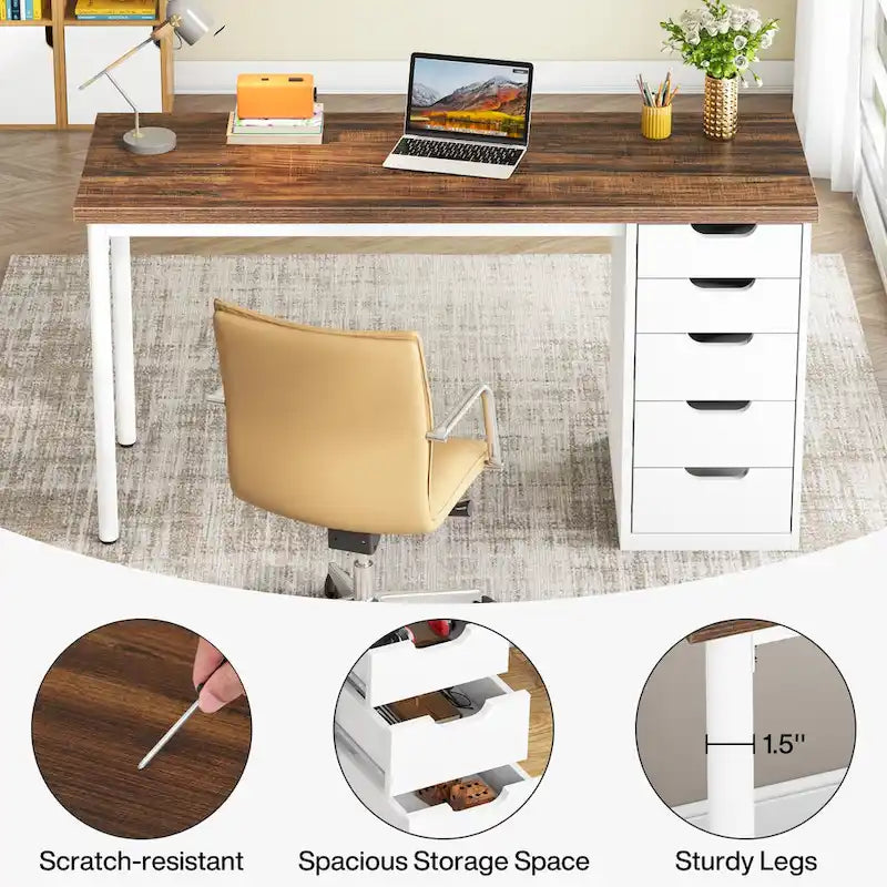 Scrivania da computer da 47 pollici con 5 cassetti, scrivania in legno e metallo per studio e soggiorno