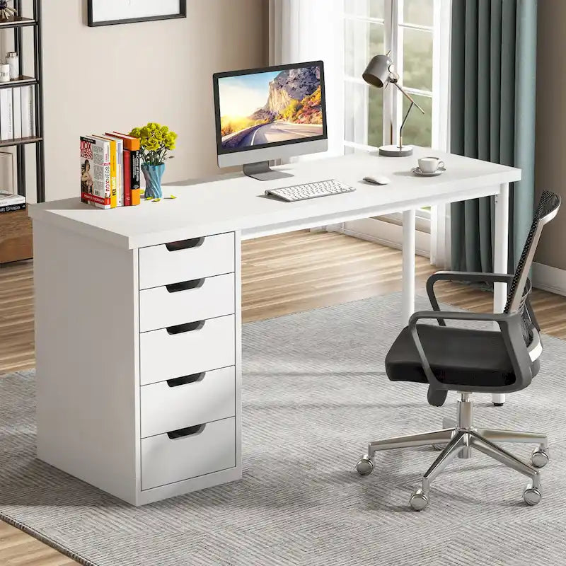 Scrivania da computer da 47 pollici con 5 cassetti, scrivania in legno e metallo per studio e soggiorno