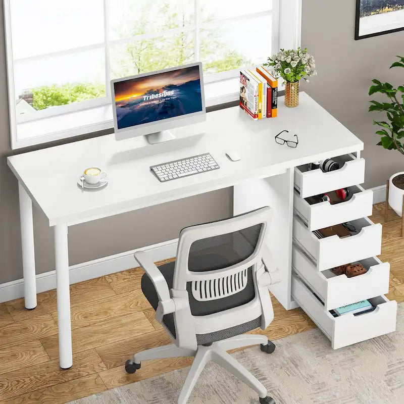 Scrivania da computer da 47 pollici con 5 cassetti, scrivania in legno e metallo per studio e soggiorno