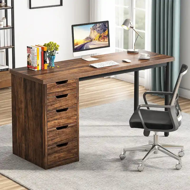 Scrivania da computer da 47 pollici con 5 cassetti, scrivania in legno e metallo per studio e soggiorno