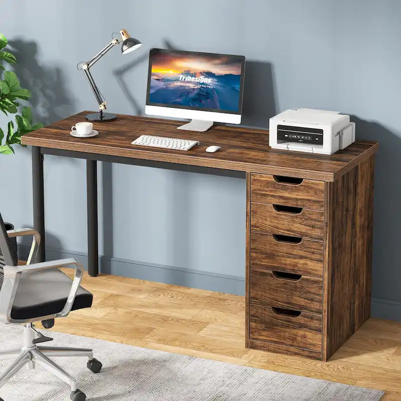 Scrivania da computer da 47 pollici con 5 cassetti, scrivania in legno e metallo per studio e soggiorno