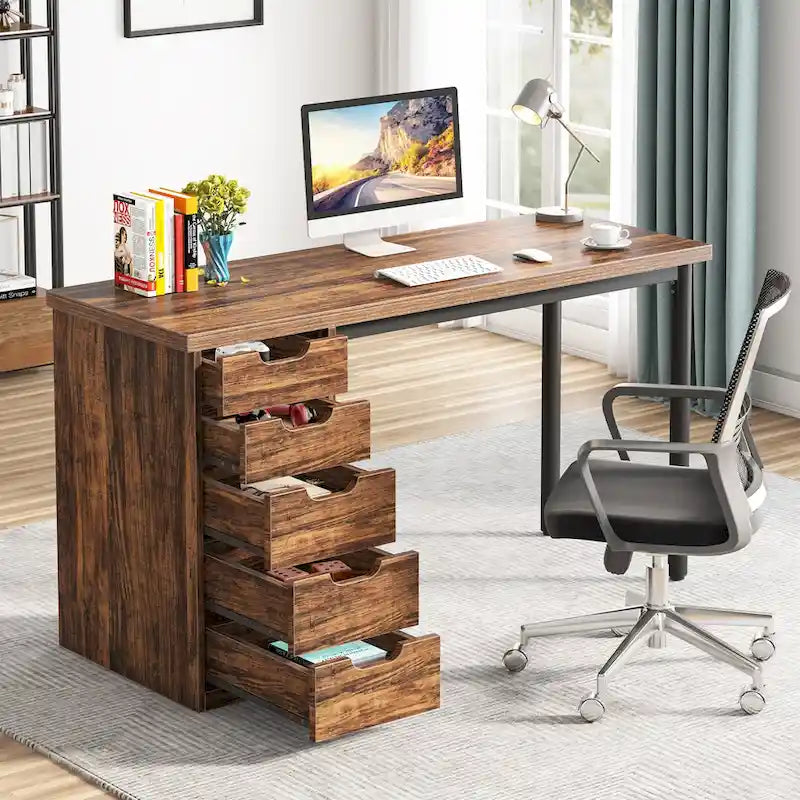 Scrivania da computer da 47 pollici con 5 cassetti, scrivania in legno e metallo per studio e soggiorno
