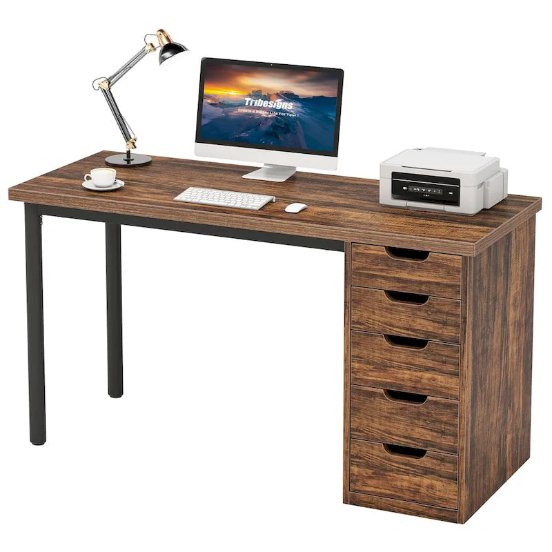 Scrivania da computer da 47 pollici con 5 cassetti, scrivania in legno e metallo per studio e soggiorno
