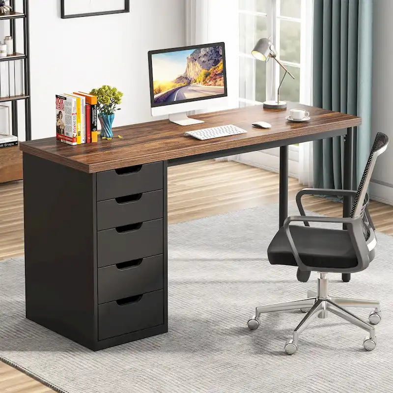 Scrivania da computer da 47 pollici con 5 cassetti, scrivania in legno e metallo per studio e soggiorno