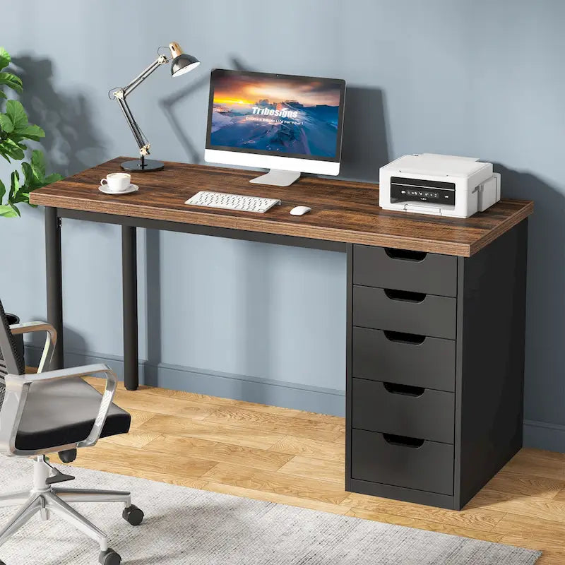 Scrivania da computer da 47 pollici con 5 cassetti, scrivania in legno e metallo per studio e soggiorno