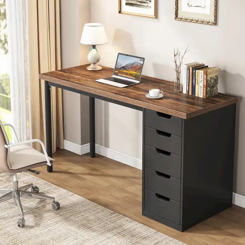 Scrivania da computer da 47 pollici con 5 cassetti, scrivania in legno e metallo per studio e soggiorno