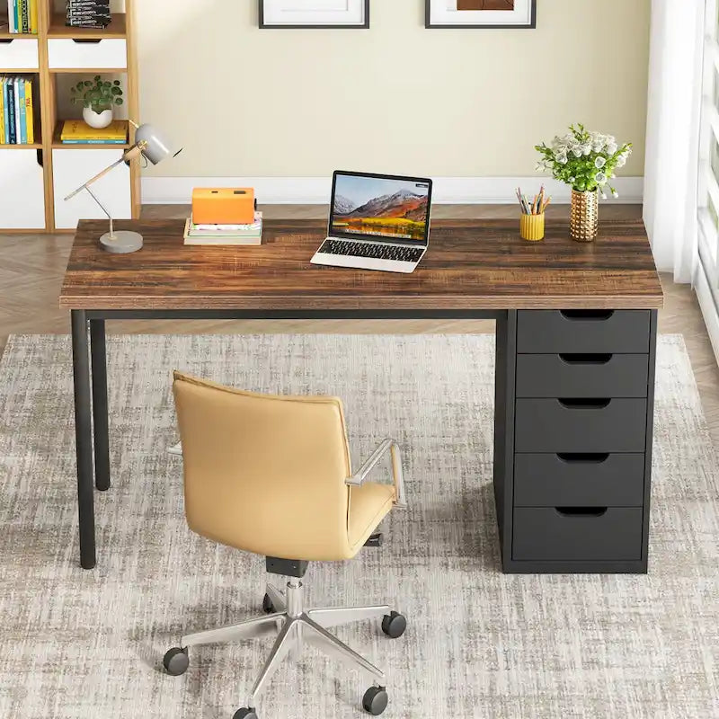 Scrivania da computer da 47 pollici con 5 cassetti, scrivania in legno e metallo per studio e soggiorno