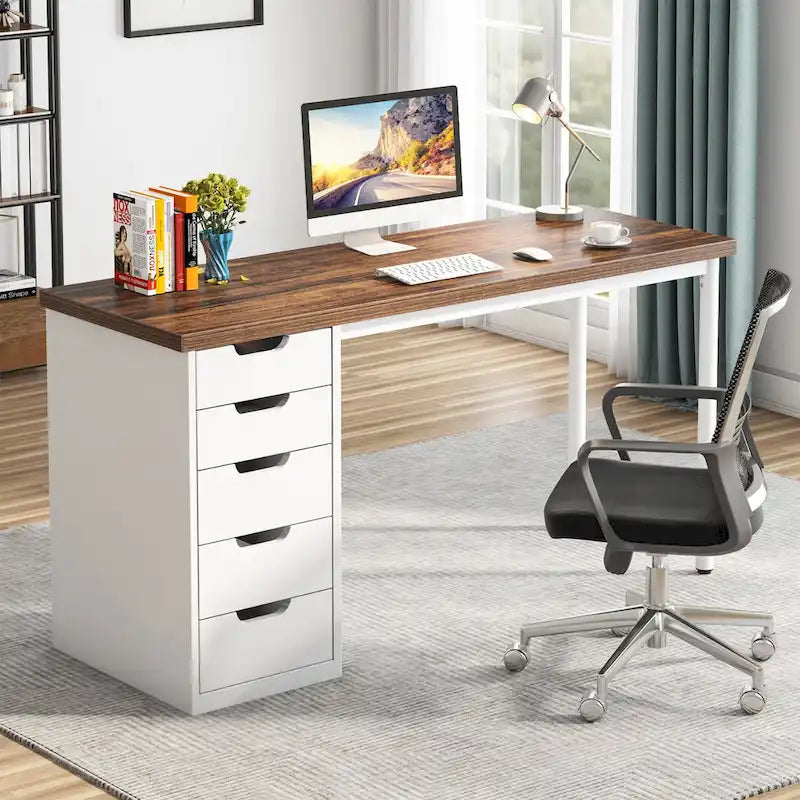 Scrivania da computer da 47 pollici con 5 cassetti, scrivania in legno e metallo per studio e soggiorno