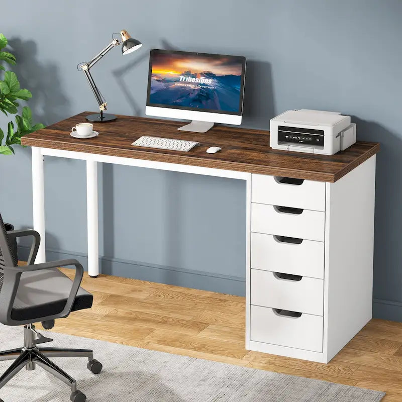 Scrivania da computer da 47 pollici con 5 cassetti, scrivania in legno e metallo per studio e soggiorno