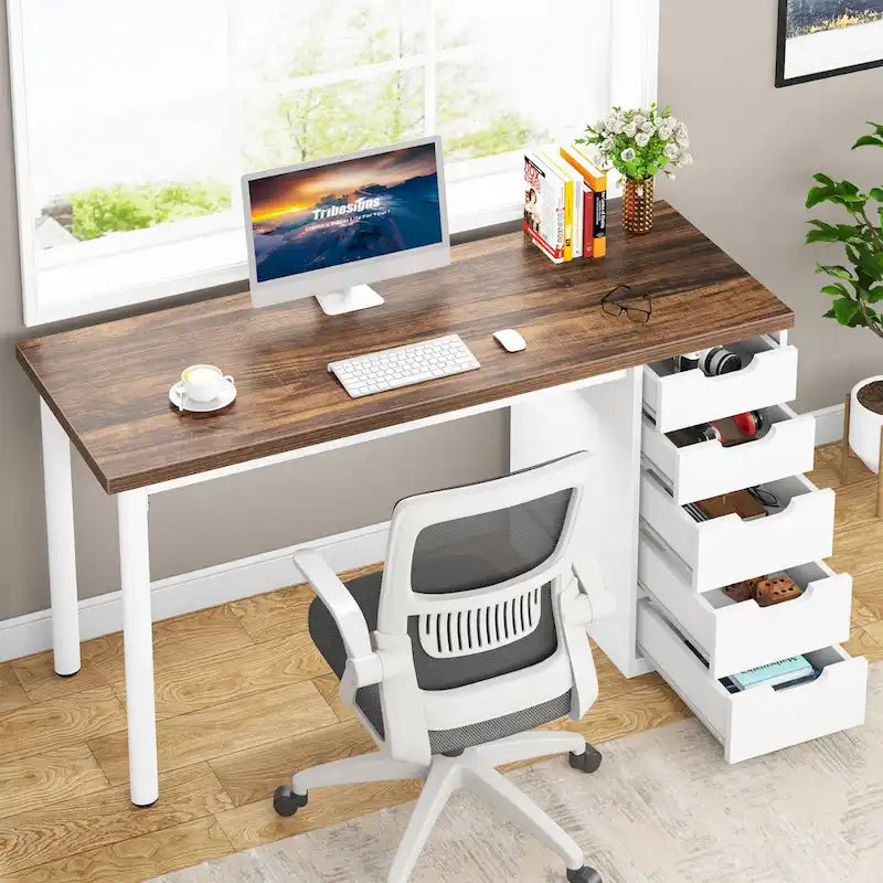 Scrivania da computer da 47 pollici con 5 cassetti, scrivania in legno e metallo per studio e soggiorno