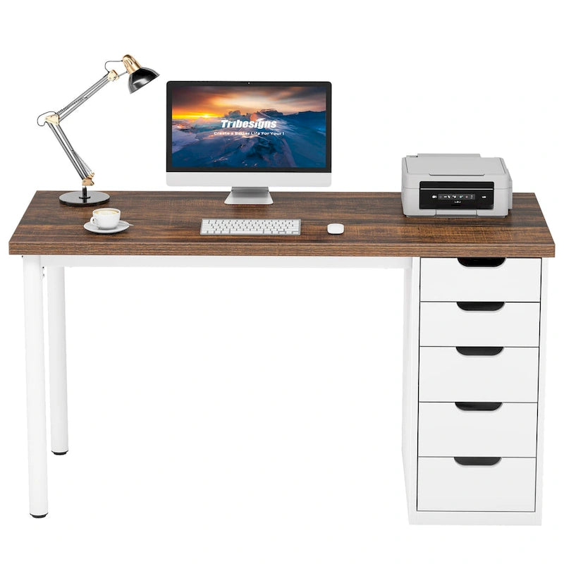 Scrivania da computer da 47 pollici con 5 cassetti, scrivania in legno e metallo per studio e soggiorno