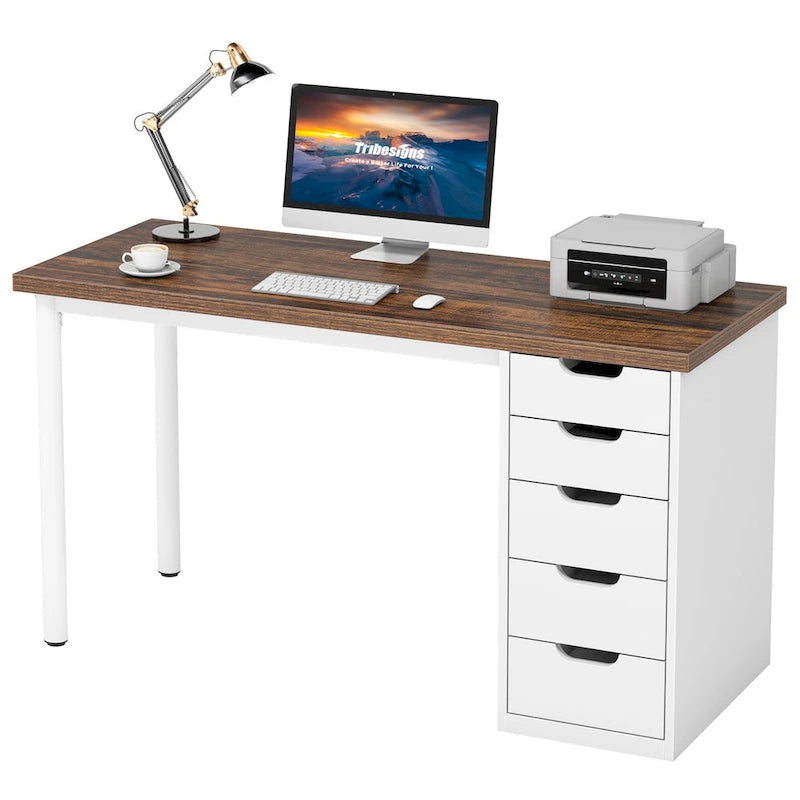 Scrivania da computer da 47 pollici con 5 cassetti, scrivania in legno e metallo per studio e soggiorno