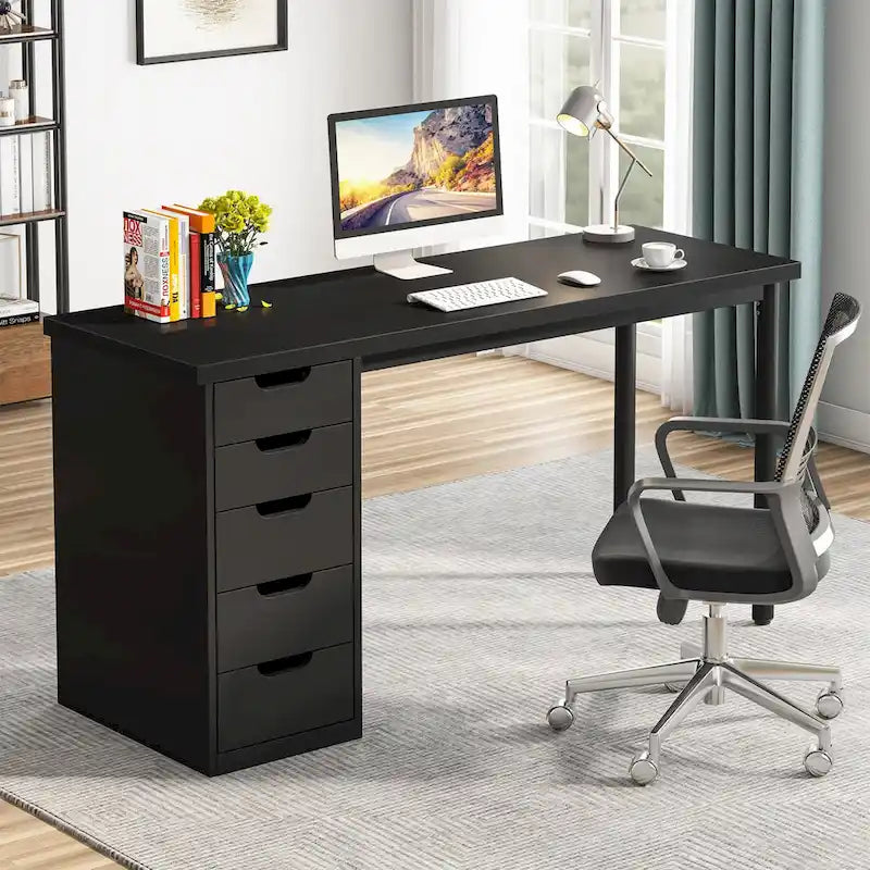 Scrivania da computer da 47 pollici con 5 cassetti, scrivania in legno e metallo per studio e soggiorno