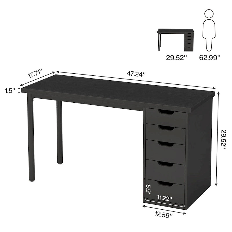 Scrivania da computer da 47 pollici con 5 cassetti, scrivania in legno e metallo per studio e soggiorno