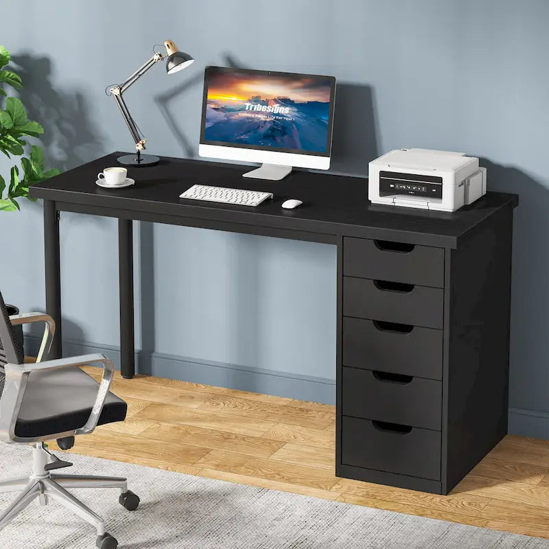 Scrivania da computer da 47 pollici con 5 cassetti, scrivania in legno e metallo per studio e soggiorno