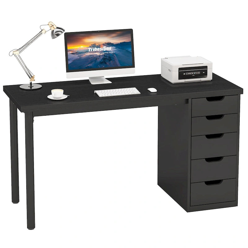 Scrivania da computer da 47 pollici con 5 cassetti, scrivania in legno e metallo per studio e soggiorno