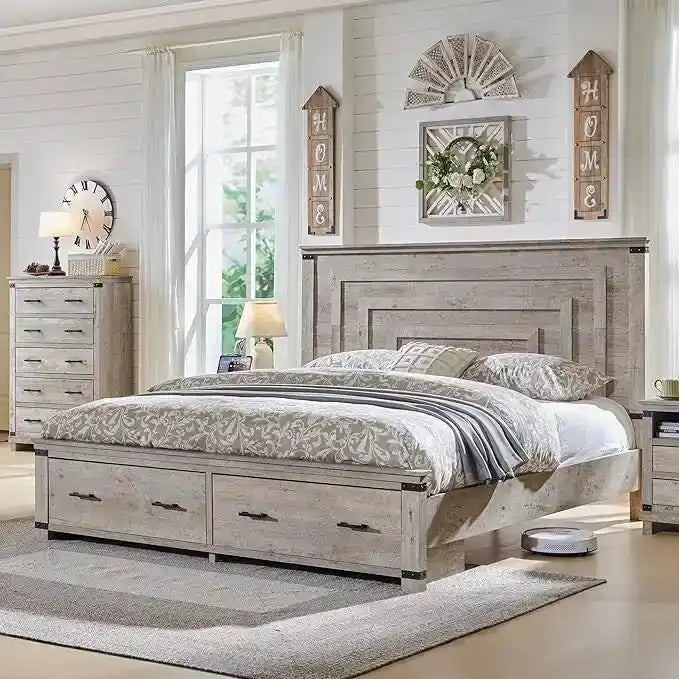 Struttura letto matrimoniale in stile rustico con testiera alta 137 cm e 2 ampi cassetti