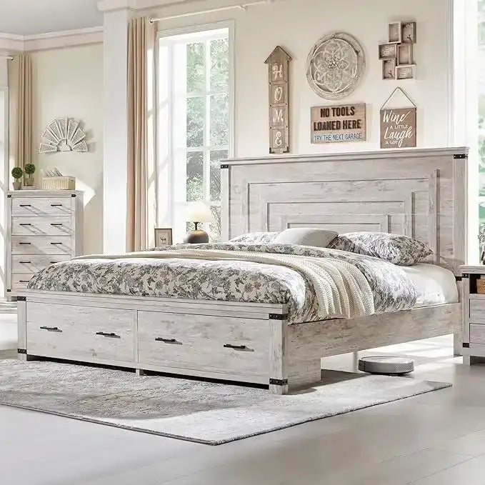 Struttura letto matrimoniale in stile rustico con testiera alta 137 cm e 2 ampi cassetti