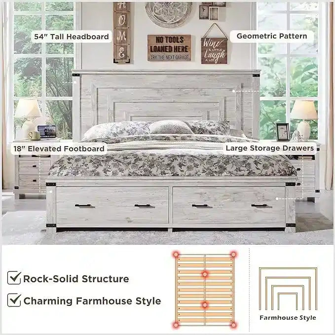 Struttura letto matrimoniale in stile rustico con testiera alta 137 cm e 2 ampi cassetti