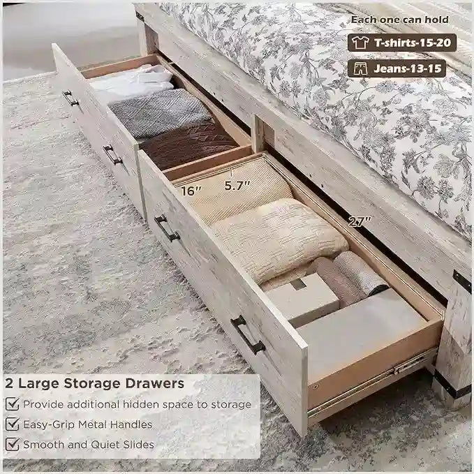 Struttura letto matrimoniale in stile rustico con testiera alta 137 cm e 2 ampi cassetti