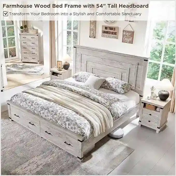 Struttura letto matrimoniale in stile rustico con testiera alta 137 cm e 2 ampi cassetti